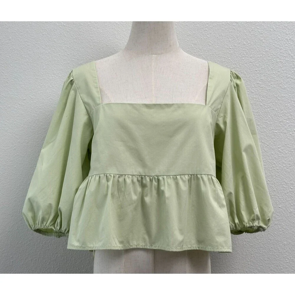 Abercrombie & Fitch Puff Sleeve Square Neck Tie Back Babydoll Top M Green Y2K